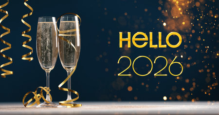 Merry Christmas and Happy New Year! Hello 2026, sparkling wine and golden streamers on card
