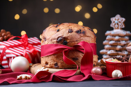 Christmas food. Panettone cake, gingerbread cookies, candied fruits and decor on black wooden table against blurred lights, closeup. Bokeh effectの写真素材
