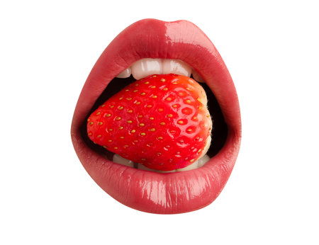Woman with color lips holding fresh strawberry in her mouth on white background, closeupの写真素材