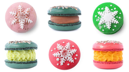 Christmas cookies. Festive macarons isolated on white, setの写真素材