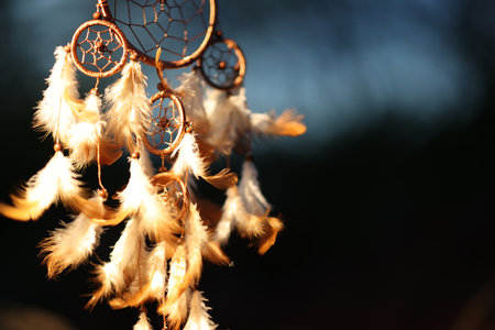Shamanism. Beautiful dream catcher hanging outdoors, closeup. Space for text