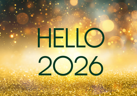 Hello 2026 greeting card with golden glitter and bokeh lights