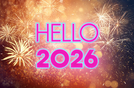 Merry Christmas and Happy New Year! Hello 2026 greeting card with fireworks and bokeh lightsの写真素材