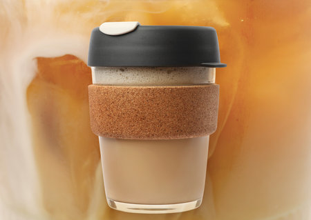 Tasty coffee drink in to-go glass cup, poster