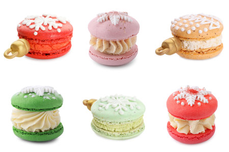 Christmas cookies. Festive macarons isolated on white, setの写真素材