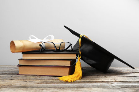 Graduation cap, diploma, glasses and books on wooden table against light backgroundの写真素材