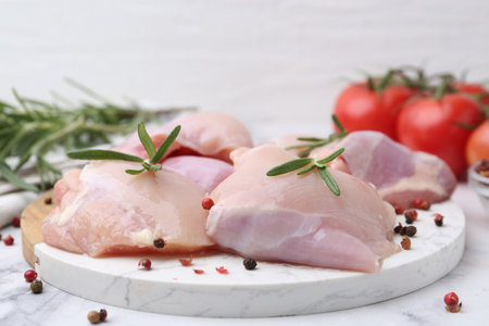 Raw chicken thighs with rosemary, peppercorns and tomatoes on white marble table, closeupの写真素材