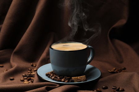 Aromatic coffee in cup, beans and brown sugar on fabricの写真素材