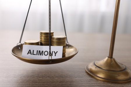 Paper note with word Alimony, scales and coins on wooden table, closeupの写真素材