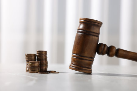 Alimony. Gavel and coins on gray marble table, closeupの写真素材