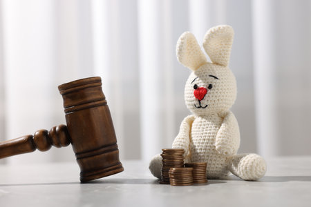 Alimony. Gavel, coins and toy bunny on gray marble tableの写真素材