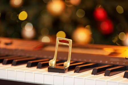 Golden music note on piano against blurred Christmas lights, closeup. Bokeh effectの写真素材
