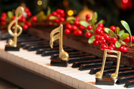Golden music notes and Christmas decor on piano indoors, closeup. Bokeh effectの写真素材