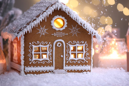Beautiful gingerbread house and Christmas decor on table against blurred lights, closeupの写真素材