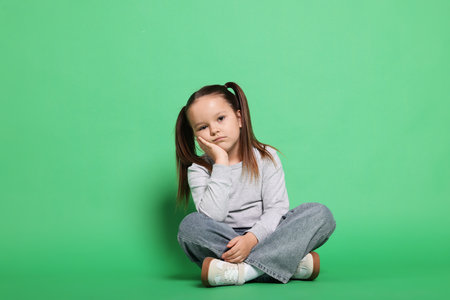 Portrait of cute little girl on green backgroundの写真素材