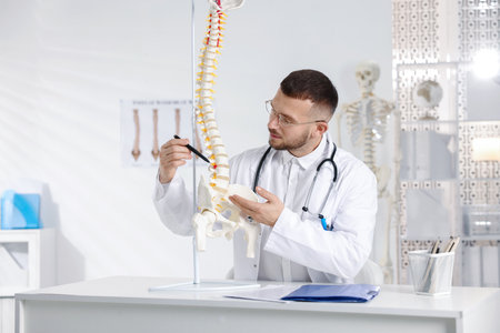 Doctor with human spine model in hospitalの写真素材
