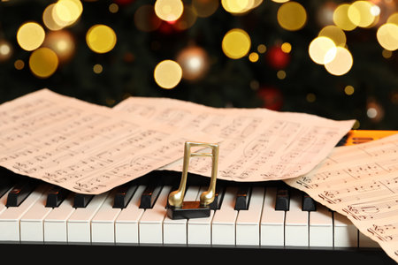 Golden music notes and sheets on piano near Christmas tree, closeup. Bokeh effectの写真素材