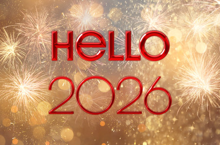 Hello 2026 greeting card with fireworks and bokeh lightsの写真素材