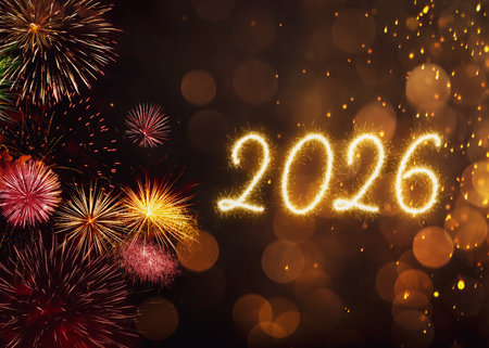 Happy New Year 2026 greeting card with fireworks and bokeh lights on dark background