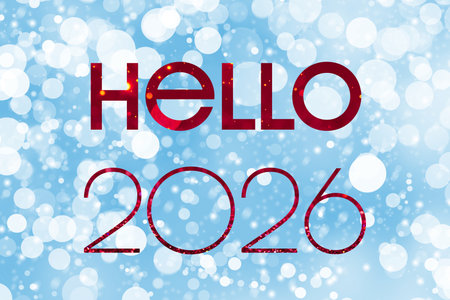 Hello 2026 card with bokeh lights as snow