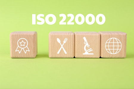 ISO 22000 Food safety management systems. Wooden cubes with different icons on light green backgroundの写真素材