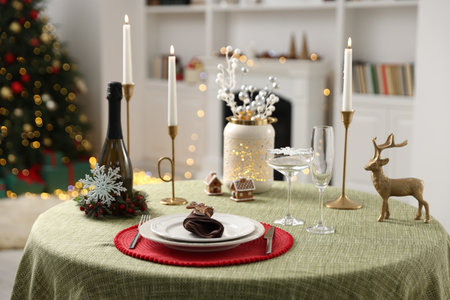 Festive table setting with Christmas decor and burning candles indoorsの写真素材