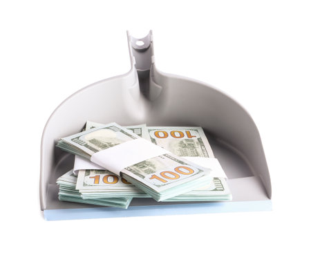 Dustpan with dollar banknotes isolated on whiteの写真素材