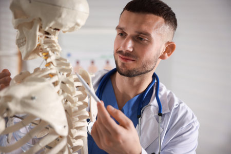 Doctor showing human skeleton model in hospitalの写真素材