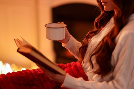 Woman with cocoa drink reading book near fireplace at home, closeupの写真素材
