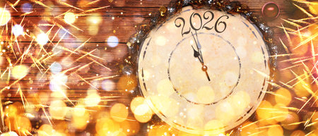 Happy New Year 2026 card with clock, Christmas decor, bokeh lights and fireworks on wooden backgroundの写真素材