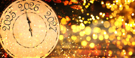 Happy New Year. Clock with numbers 2025, 2026, 2027 and bokeh lightsの写真素材