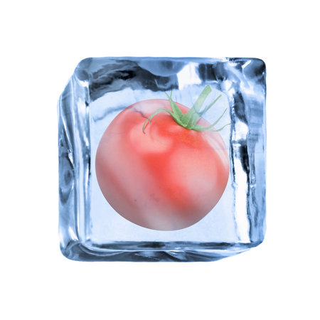 Whole red tomato in ice cube inside isolated on whiteの写真素材