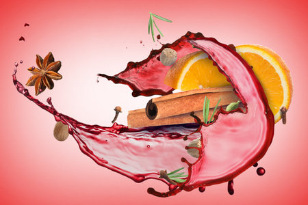 Mulled wine splash, spices and orange slice on pale red backgroundの写真素材