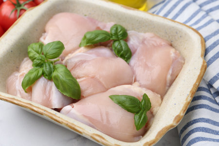 Raw chicken thighs with basil in baking dish on white marble table, closeupの写真素材