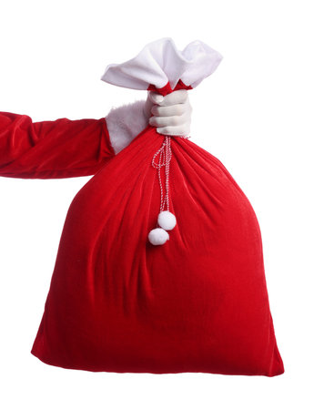 Santa Claus holding sack on white background, closeup. Merry Christmas and Happy New Yearの写真素材