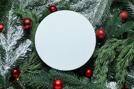 Frame of artificial fir tree branches, Christmas decor and blank card, top view. Space for textの写真素材