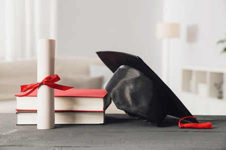 Diploma, graduation hat and books on gray wooden table indoorsの写真素材