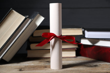 Diploma and books on wooden table, selective focusの写真素材