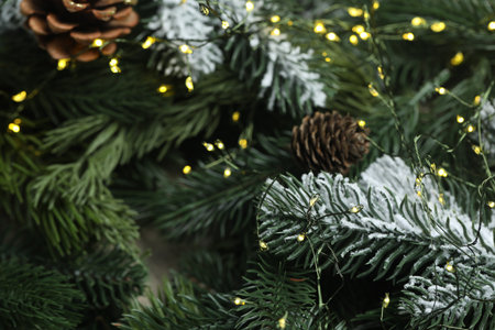 Beautiful Christmas tree branches with cones and lights as background, closeupの写真素材