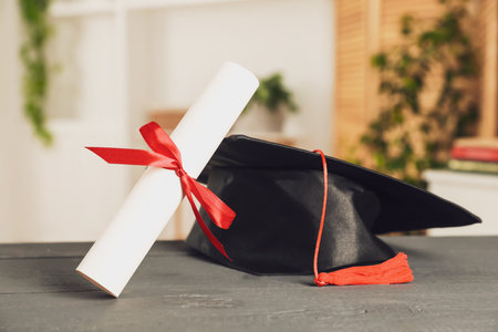 Diploma and graduation hat on gray wooden table indoors, closeupの写真素材