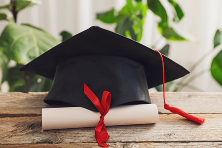 Diploma and graduation hat on wooden table indoors, closeupの写真素材