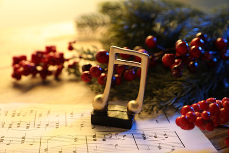 Golden music note, sheet and Christmas decor on table, closeupの写真素材