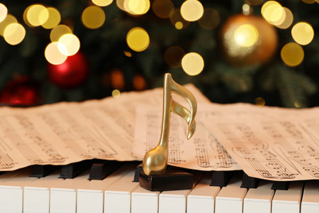 Golden music notes and sheets on piano near Christmas tree, closeup. Bokeh effectの写真素材