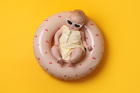 Cute little baby with sunglasses on inflatable ring against orange background, top viewの写真素材