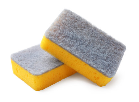Two clean kitchen sponges isolated on whiteの写真素材