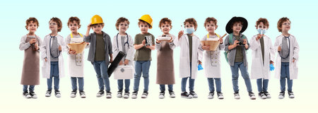 Little kid in different clothes on color gradient background, collage. Choice of profession. Same boy representing various occupationsの写真素材