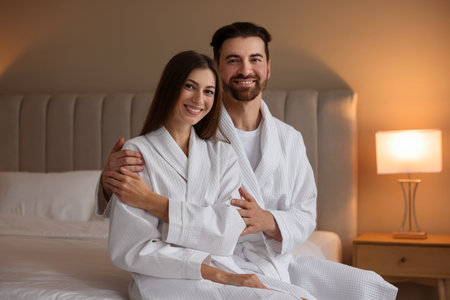 Happy couple in bathrobes on bed indoorsの写真素材