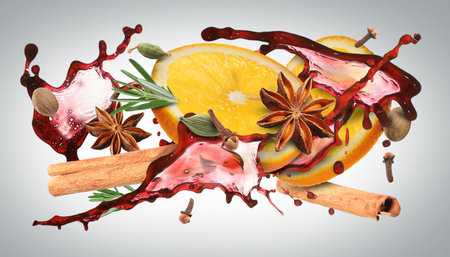 Mulled wine splash, spices and orange slices on gray backgroundの写真素材