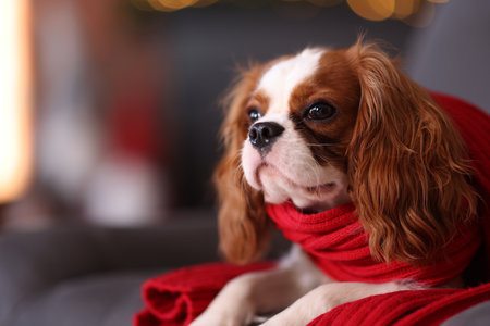Cute dog with red scarf on armchair in room decorated for Christmas, space for textの写真素材