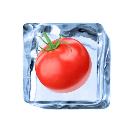 Whole red tomato in ice cube inside isolated on whiteの写真素材